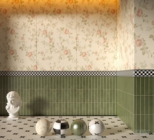 Vintage Style Bathroom Corner With Floral Wallpaper Green Tiles 3D model