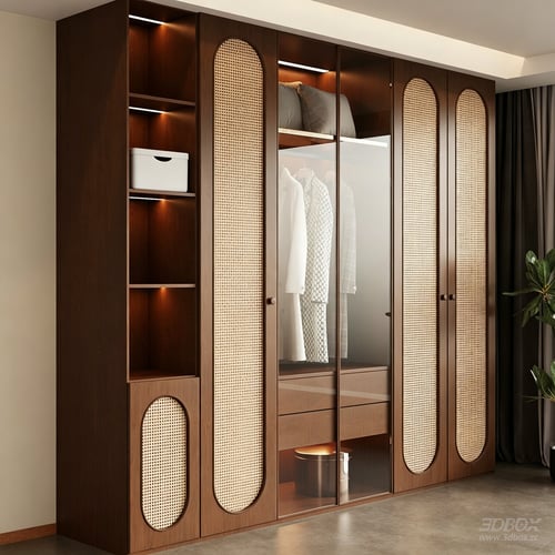 Vintage Mid-century Rattan Walnut Wardrobe with Glass Door 3D model