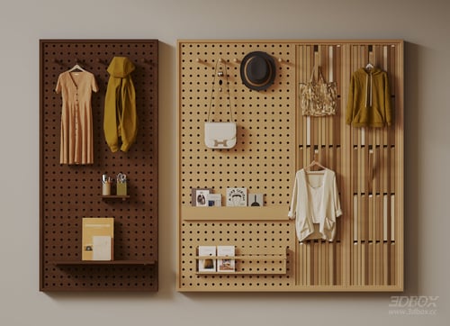 Modern Wooden Pegboard Wall Storage Display Rack Set 3D model