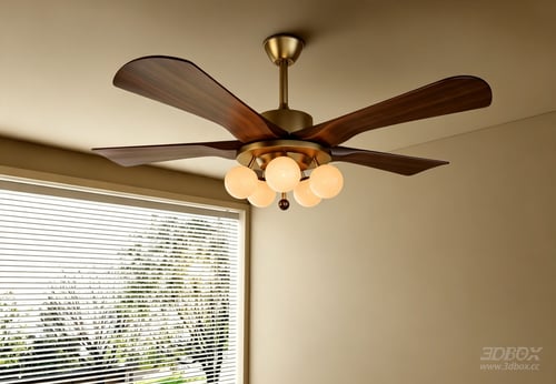 Mid Century Ceiling Fan Light with Wooden Blades and Brass Base 3D model