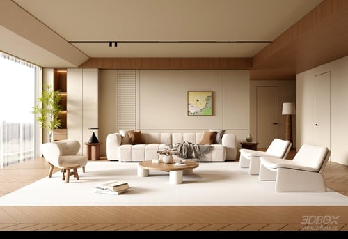 Modern Cream Style Living Room Interior Scene 3D model