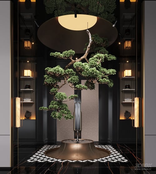 Modern New Chinese Style Luxury Hallway with Decorative Pine Tree 3D model