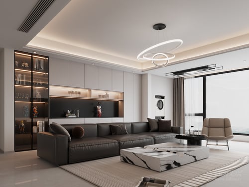 Modern Minimalist Living Room with Leather Sofa and Marble Coffee Table 3D model