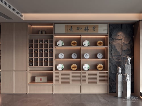 Wooden Tea Display Cabinet with Storage Shelves 3D model