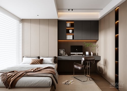 Modern Italian Style Tatami Bedroom with Work Desk 3D model