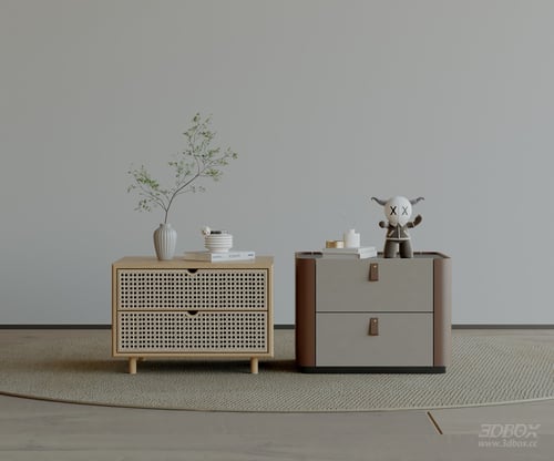Modern Wooden Rattan Leather Nightstand Set 3D model