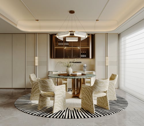Italian Luxury Round Dining Room Set with Sideboard and Chandelier 3D model