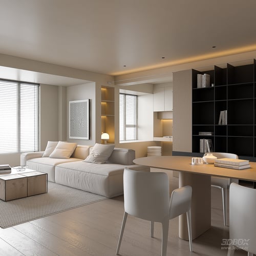 Modern Cream Style Living and Dining Room with Wood Furniture 3D model