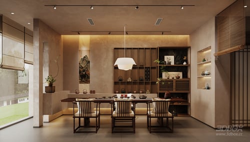 New Chinese Style Zen Tea Room Interior Scene 3D model