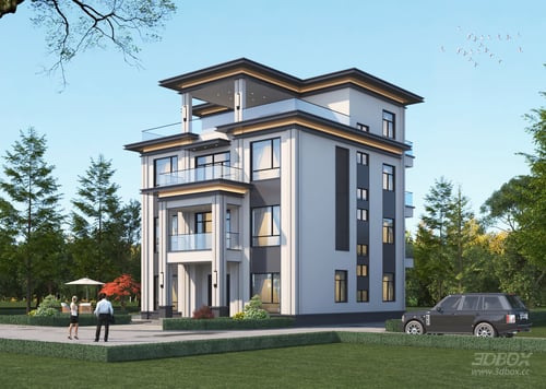New Chinese Style Detached Villa Exterior Scene 3D model