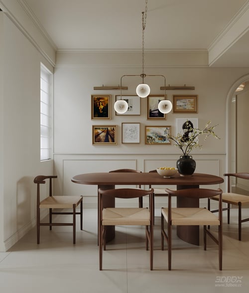 Modern Cream Style Dining Room with Wooden Furniture 3D model