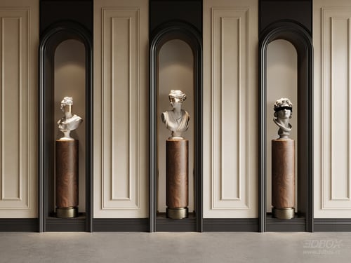 French Style Wall Panel Sculpture Bust Decor Set 3D model