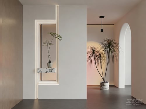 Modern Minimalist Hallway Partition Wall with Sunset Lamp and Indoor Plants 3D model