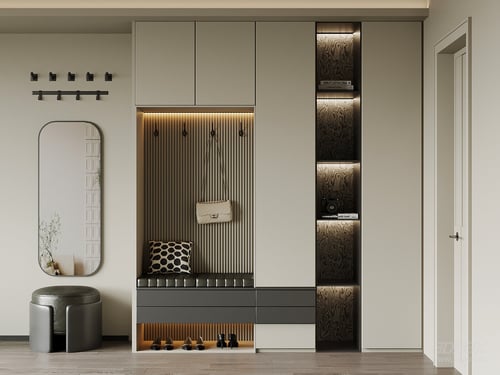 Modern Minimalist Hallway Shoe Cabinet with Mirror and Ottoman 3D model