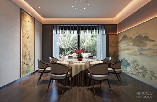 New Chinese Style Private Dining Room Interior 3D model