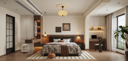 French Vintage Mid-Century Bedroom Interior Scene 3D model