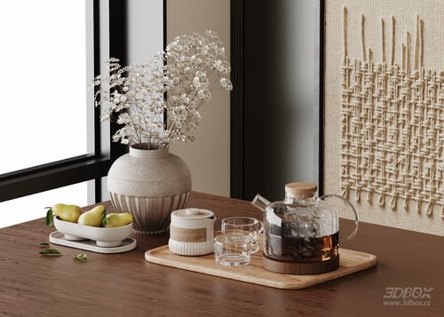 Wabi Sabi Table Decor Set Tea Set Vase Dried Flower Fruit Tray 3D model