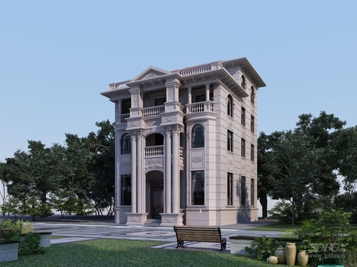 European Style Luxury Villa Exterior Scene 3D model