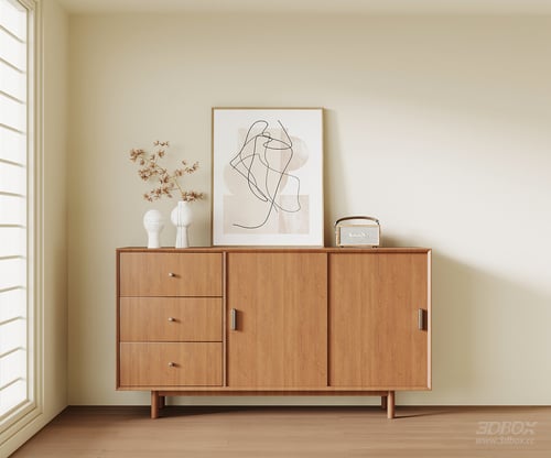 Mid Century Wooden Sideboard with Decor Set 3D model