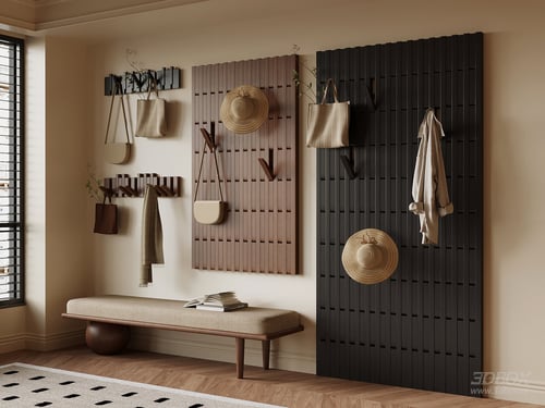 Mid Century Modern Hallway Pegboard Hanger and Shoe Bench Set 3D model