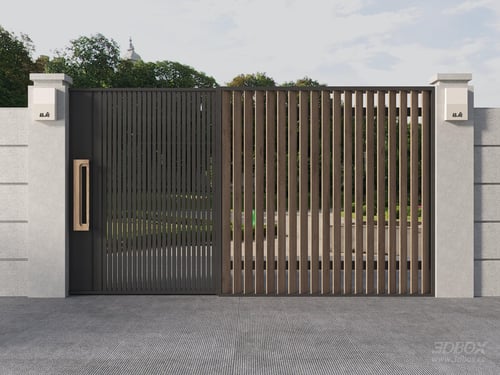 Modern Villa Courtyard Iron Wood Slat Entrance Gate 3D model