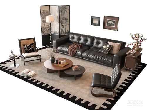 French Style Leather Sofa Set Living Room Furniture 3D model