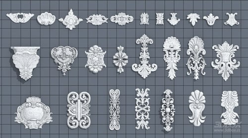 European Style Plaster Carving Ornament Set 3D model