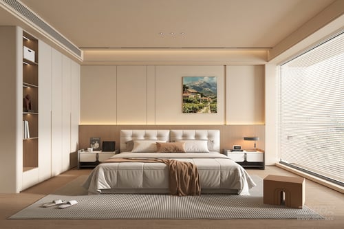 Modern Cream Style Minimalist Bedroom Interior Scene 3D model