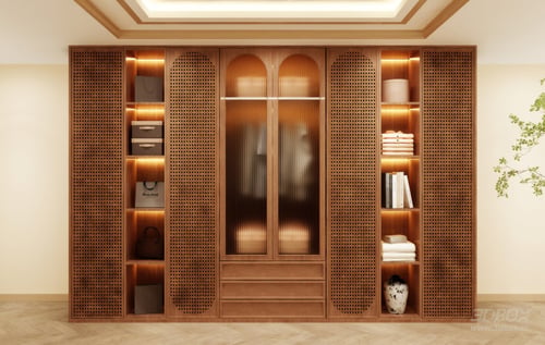 Modern Wooden Rattan Wardrobe with Glass Door and Built-in Light 3D model