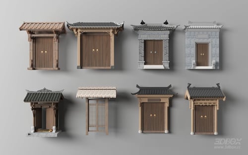 Traditional Chinese Huizhou Style Courtyard Door Set 3D model