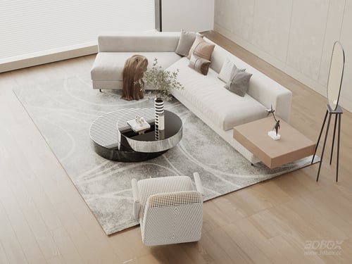 Wabi Sabi Style Sectional Sofa and Coffee Table Set 3D model