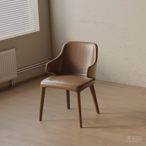 Modern Brown Leather Dining Chair with Wooden Legs 3D model