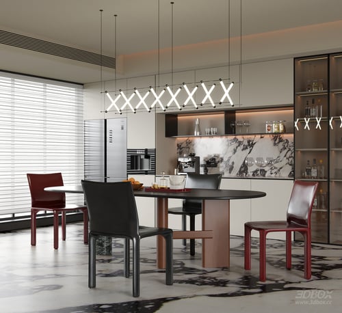 Modern Minimalist Kitchen Dining Room with Oval Table and Leather Chairs 3D model