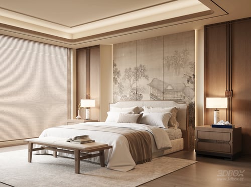 New Chinese Style Modern Bedroom Interior Scene 3D model