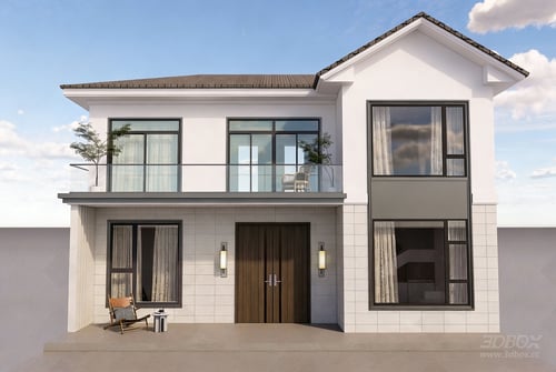 Modern Two Story Rural Villa Exterior with Sloped Roof 3D model