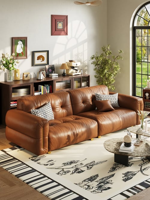 Mid Century Modern Brown Leather Sofa Living Room Scene 3D model