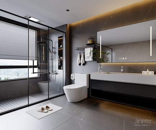 Modern Gray Tone Bathroom with Vanity Toilet and Shower Enclosure 3D model