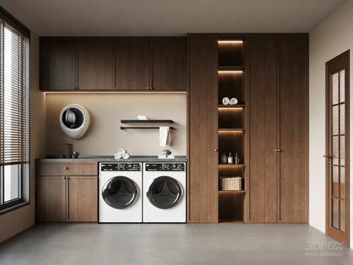 New Chinese Style Laundry Room with Wooden Cabinets and Washers 3D model