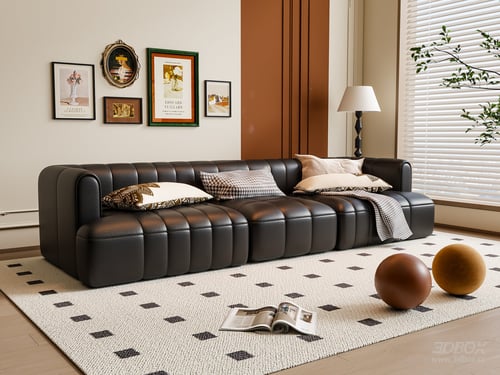 Modern Black Leather 3-seater Sofa Set 3D model