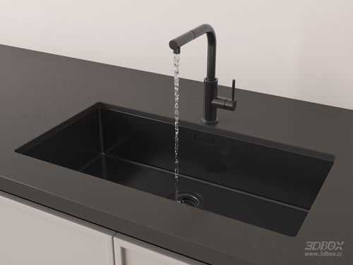Modern Black Kitchen Sink with Matte Faucet 3D model