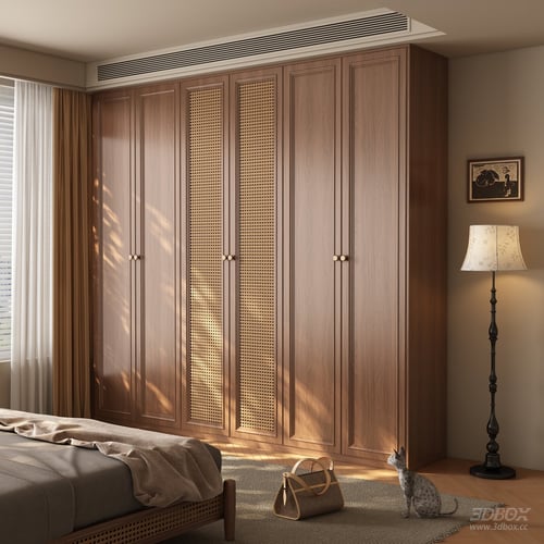 Vintage Rattan Panel Wooden Wardrobe Bedroom Furniture 3D model