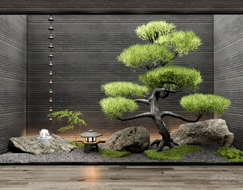 Indoor Zen Courtyard Landscape Scene 3D model