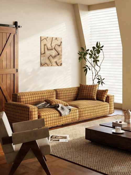 Mid-Century Modern Grid Fabric Sofa Set 3D model