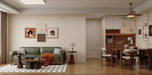 Mid-century Cream Style Living and Dining Room Interior 3D model