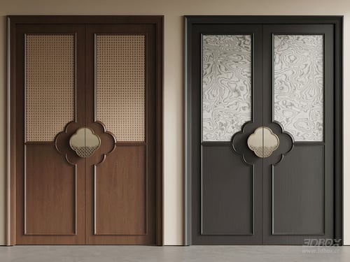 New Chinese Style Double Interior Wooden Doors Set 3D model