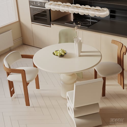 Modern Round Dining Table with Chairs Kitchen Dining Scene 3D model