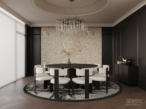 Luxury French Style Private Dining Room with Round Table and Chairs 3D model