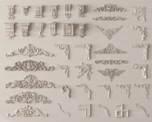 Classic Carved Decorative Plaster Ornament Set 3D model