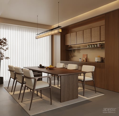 New Chinese Style Dining Room with Table Chairs and Sideboard 3D model