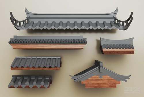 Chinese Traditional Eave Roof Tiles Facade Elements Set 3D model